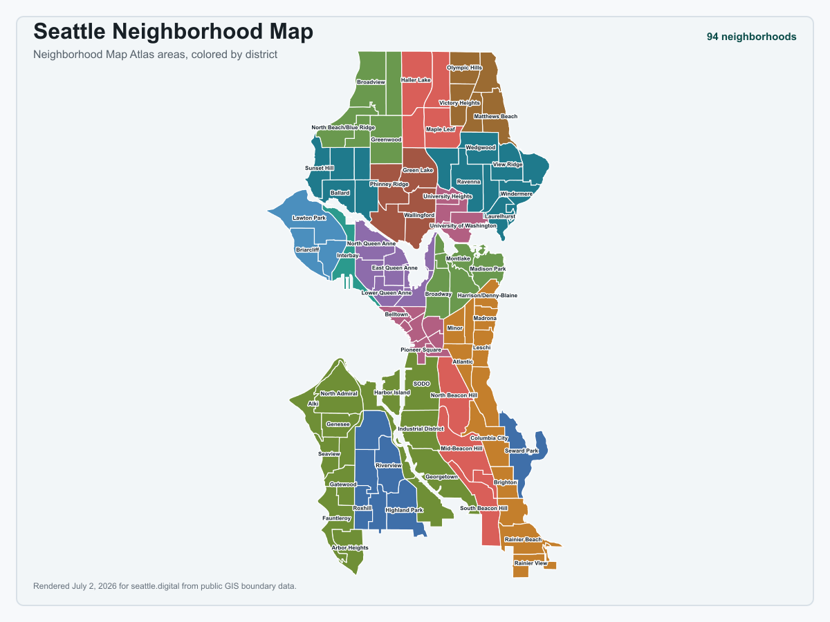 Rendered Seattle neighborhood map with Neighborhood Map Atlas polygons colored by district.