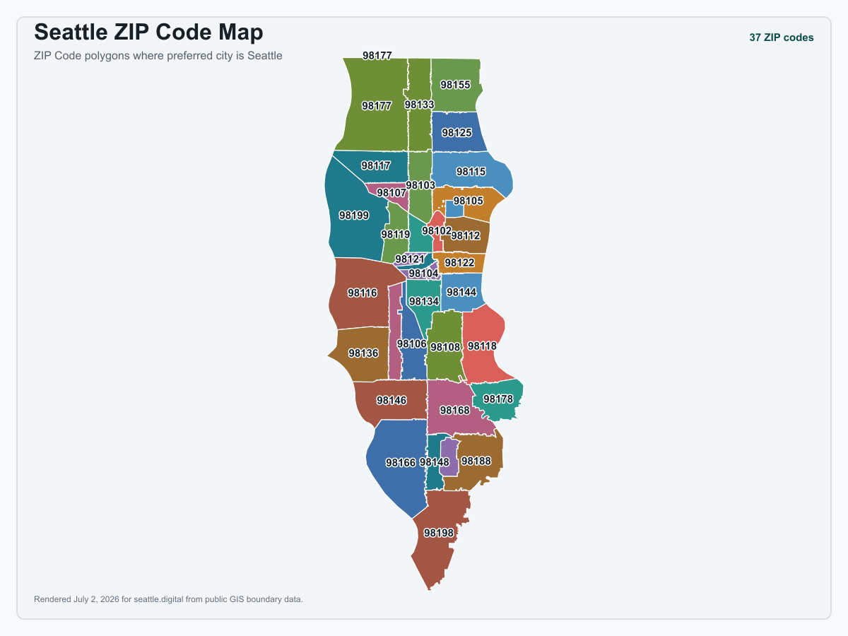 Rendered Seattle ZIP Code map with ZIP Code polygon boundaries and labels.